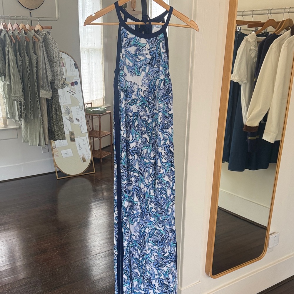 Blue Paisley Maxi Dress with Navy Trim